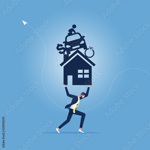 financial troubles concept-Representing to payment, Businessman carry with a lot of stuff on his shoulder, representing to paying house, car, including supporting family etc