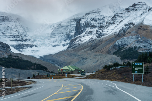 Columbia Icefield Discovery Centre (Glacier View Lodge). Snow-capped Wilcox Peak in in the background. Jasper National Park, Alberta, Canada. © Shawn.ccf