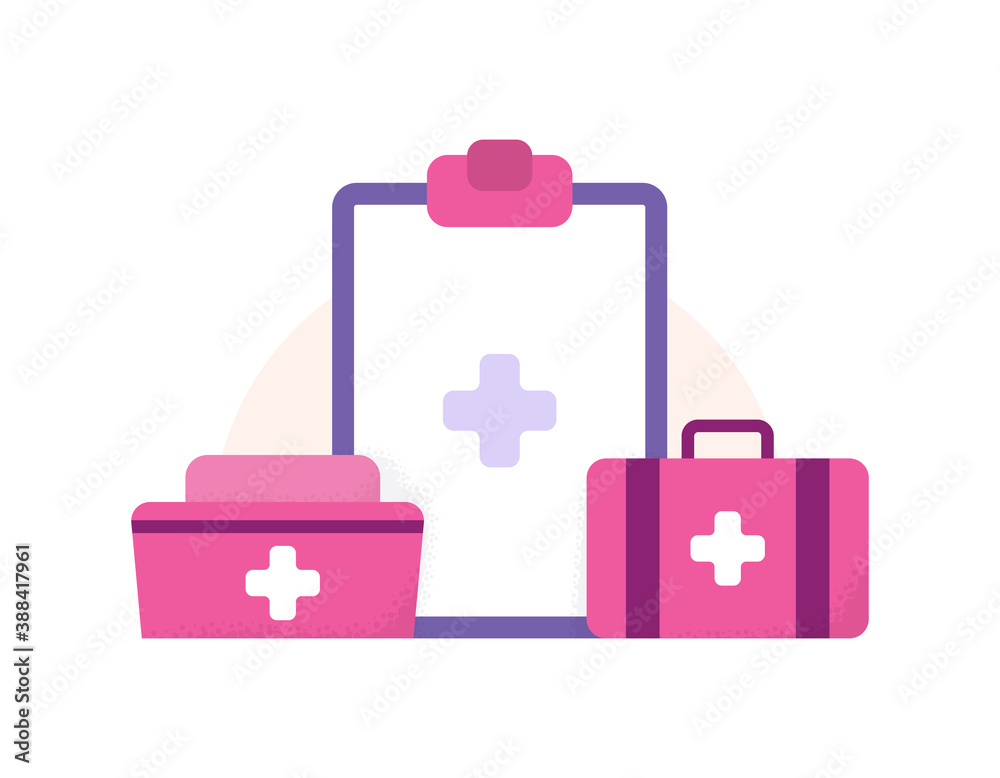 a collection of icons or symbols related to health and hospitals. illustration of medical report paper on board, nurse hat, first aid box. health support or assistant. flat style. design elements