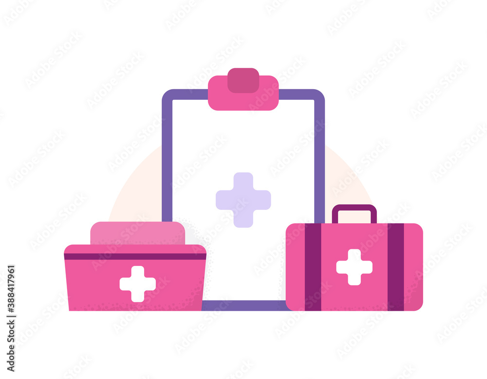 a collection of icons or symbols related to health and hospitals. illustration of medical report paper on board, nurse hat, first aid box. health support or assistant. flat style. design elements a collection of icons or symbols related to health and hospitals. illustration of medical report paper on board, nurse hat, first aid box. health support or assistant. flat style. design elements