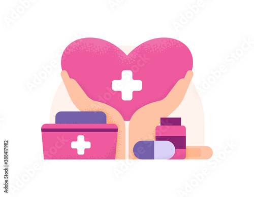 a collection of icons or symbols related to health and hospitals. illustration of hand holding heart, nurse hat, medicine, capsule. health support or assistant. flat style. design elements