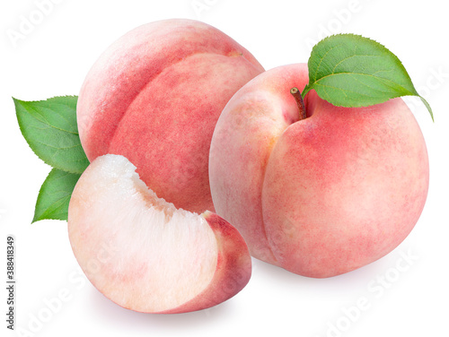 Peach fruit with leaf isolated on white background, Fresh Peach on White Background With clipping path, 