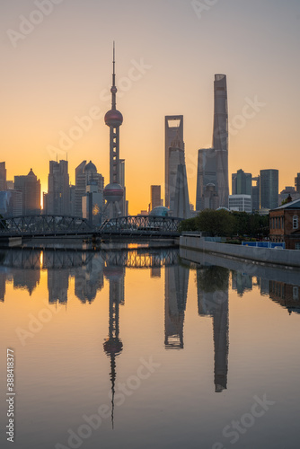The sunrise view of Lujiazui, the financial district and landmark in Shanghai, China. © Zimu