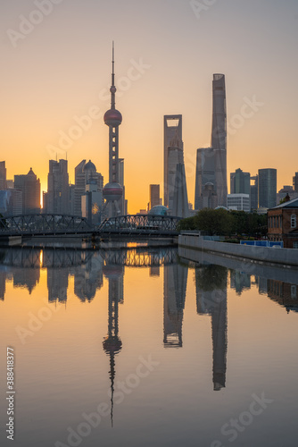 The sunrise view of Lujiazui, the financial district and landmark in Shanghai, China.