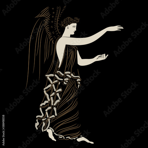 Winged ancient Greek goddess. Nike or Hebe. Antique angel. Vase painting style.