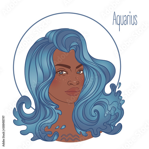Illustration of Aquarius astrological sign as a beautiful African American girl. Zodiac vector illustration isolated on white. Future telling, horoscope, alchemy, spirituality, fashion black woman.
