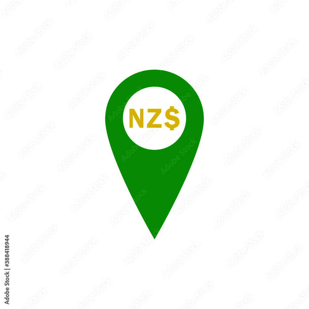 Green location pin and new zealand dollar sign on white background Green location pin and new zealand dollar sign on white background