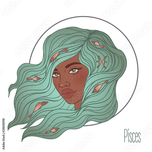 Illustration of Pisces astrological sign as a beautiful African American girl. Zodiac vector illustration isolated on white. Future telling, horoscope, alchemy, spirituality, fashion black woman.