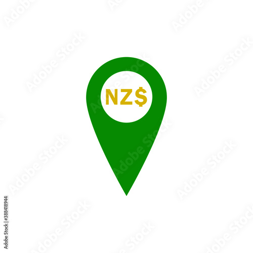 Green location pin and new zealand dollar sign on white background