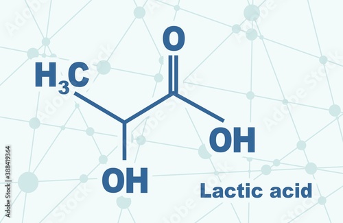 Lactic acid molecule. Structural chemical formula. Infographics illustration. Lines and dots connected background