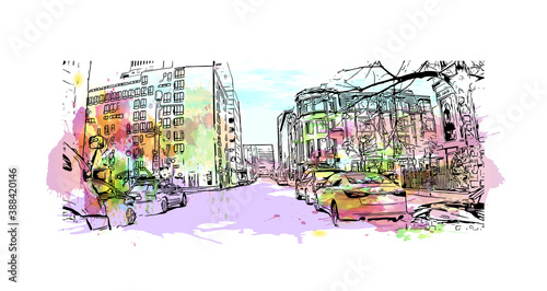 Building view with landmark of Cambridge is a city in Massachusetts, across the Charles River from Boston. Watercolor splash with hand drawn sketch illustration in vector.