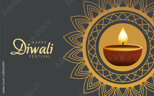happy diwali celebration with candle wooden in mandala