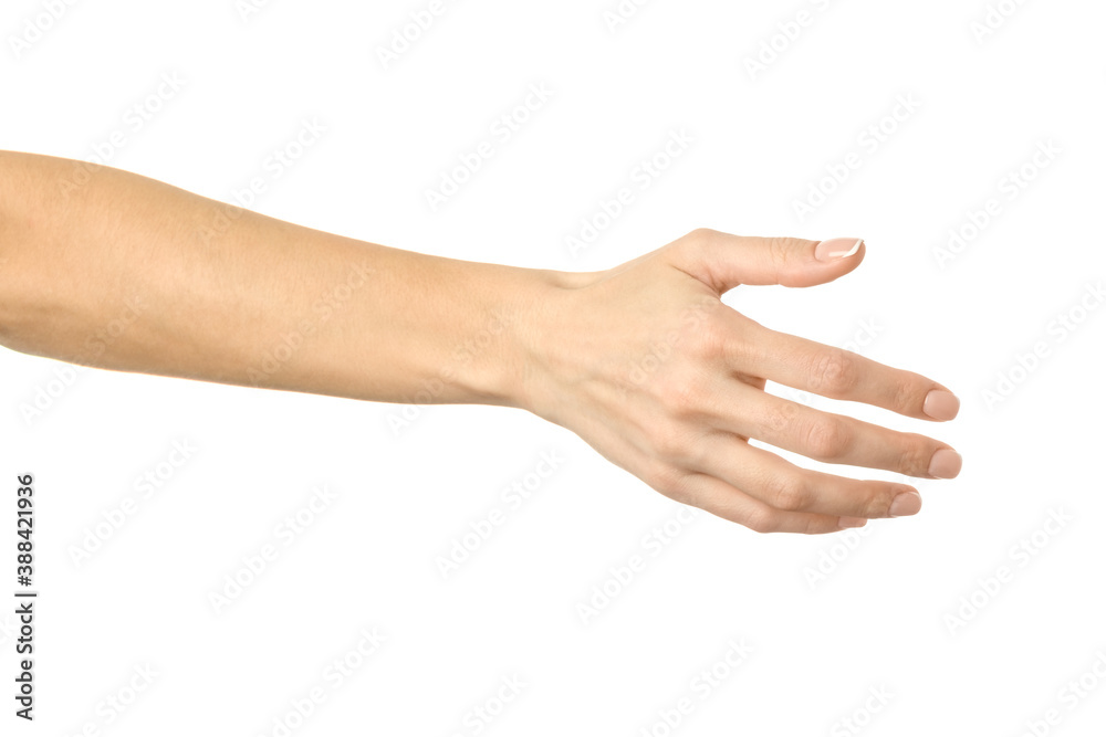 Giving hand for handshake. Woman hand gesturing isolated on white