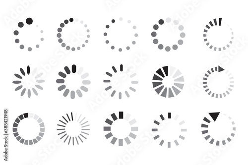 Vector bootloader icons. Buffering circular signs. Website loading symbol. Illustration of waiting for application download. Stock image. EPS 10.