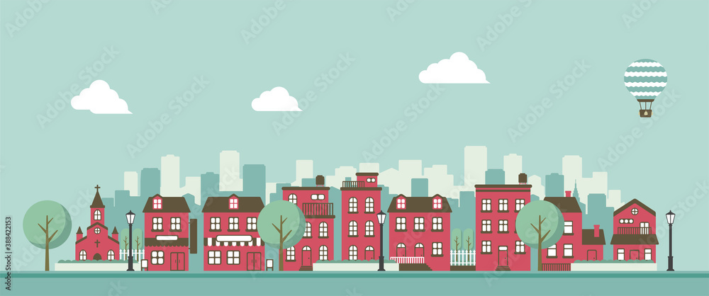 Naklejka premium Modern city / town street flat vector illustration (no person)