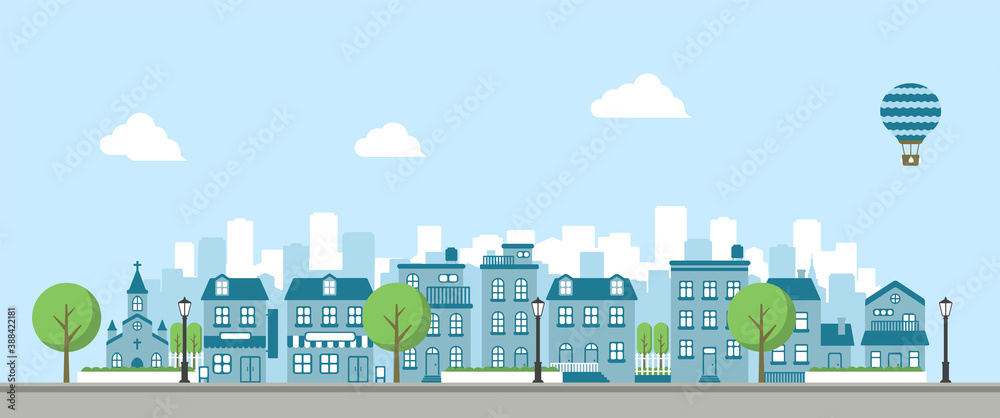 Modern city / town street flat vector illustration (no person) Modern city / town street flat vector illustration (no person)