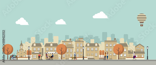 Modern city / town street flat vector illustration (People in daily life)