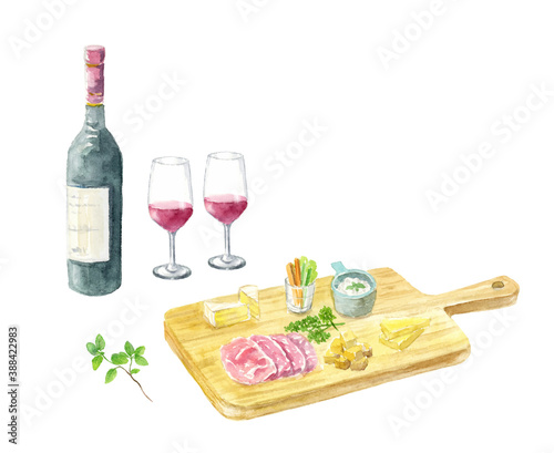 ワインとチーズ盛り合わせの水彩イラスト