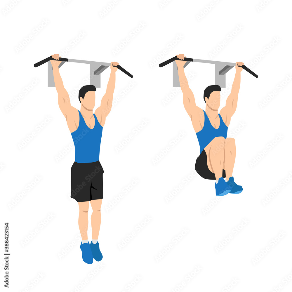 Man doing hanging knee leg raises. Abdominals exercise. Flat