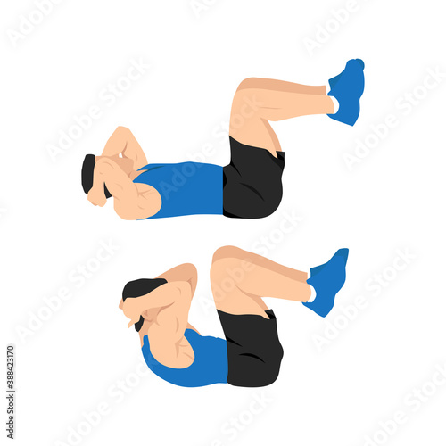 Man doing double crunches.Abdominals exercise. Flat vector illustration isolated on white background.Editable file with layers