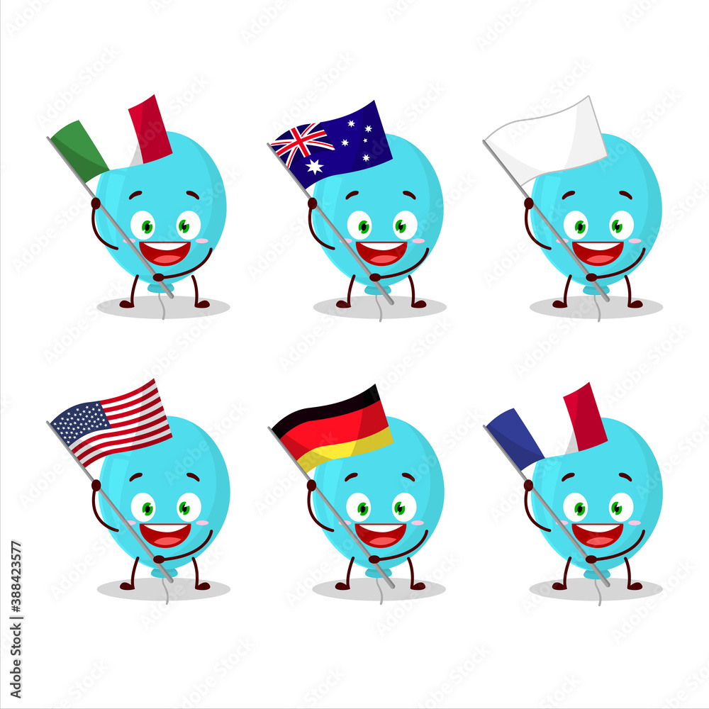 Blue balloon cartoon character bring the flags of various countries