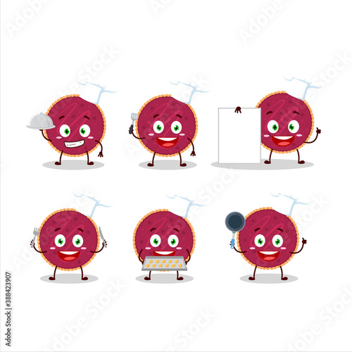 Cartoon character of cranberry pie with various chef emoticons