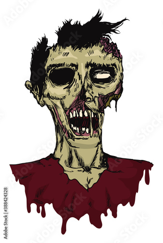 Male Zombie Colored Portrait in Hand Drawn Style, Vector Illustration