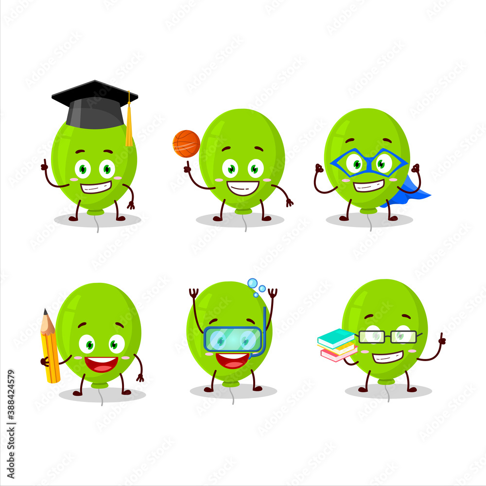 School student of green balloon cartoon character with various expressions