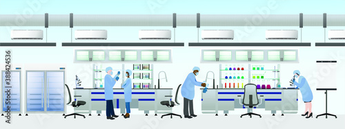 Scientists team wearing laboratory suit for making chemical experiments; Science lab flat vector illustration.