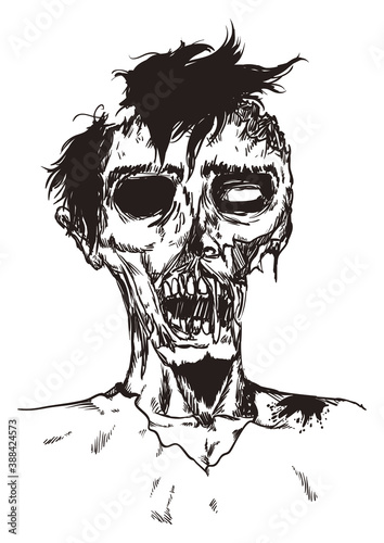 Male Rotten Zombie Portrait in Hand Drawn Style, Vector Illustration