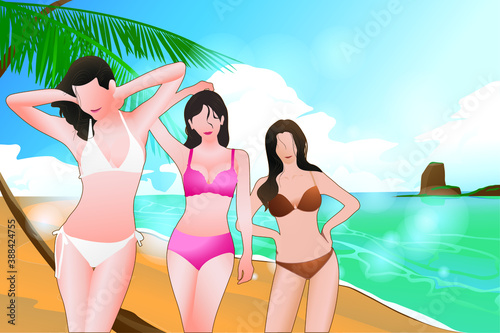 Three girls enjoy in the paradise beach, Summer vacation trip for relax, realistic vector illustration.