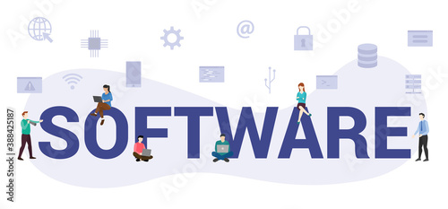 software concept with modern big text or word and people with icon related modern flat style