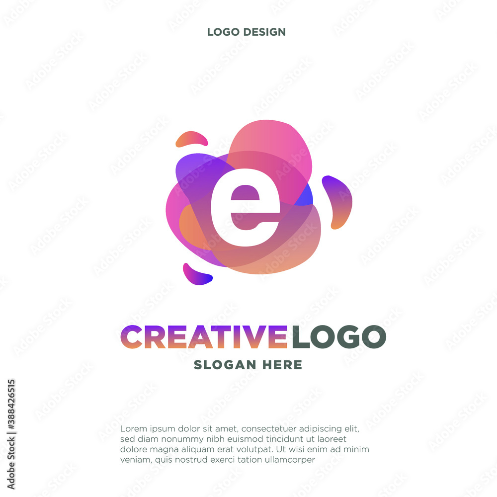 Letter E logo with colorful splash background, letter combination logo design for creative industry, web, business and company.