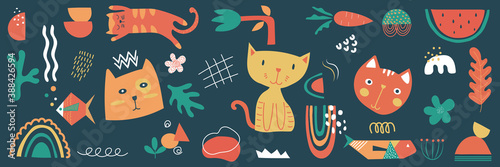 Colorful collection of hand drawn decorative abstract elements about cats, fishs, rainbow, fruits, flowers and doodles. Great for art prints, textile and background stationary, stickers. Flat vector