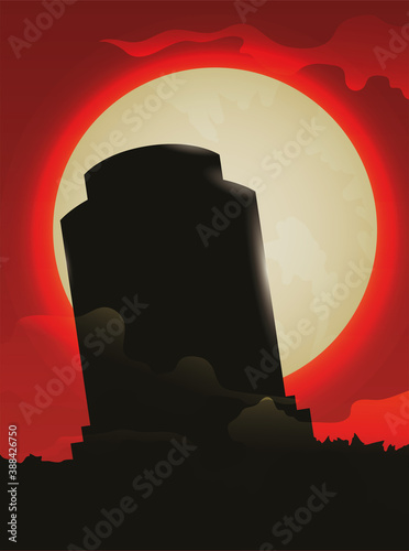 Red Night with Full Moon and Dark Silhouette of Grave  Vector Illustration