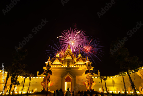 Colorful firework at floating market and traditional show new landmark Legent siam pattaya
Chonburi,Thailand. photo