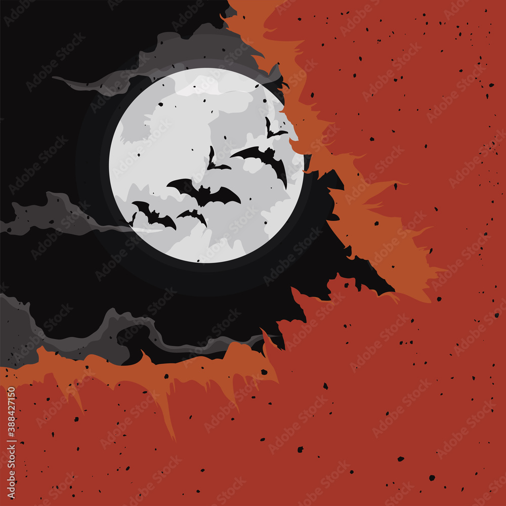 Scratched Fabric with Full Moon Night View and Bats, Vector Illustration
