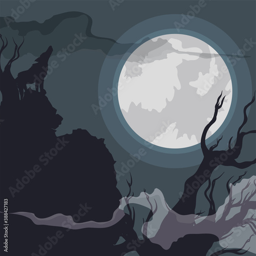 Spooky Forest Night with Wolf Howling to the Full Moon, Vector Illustration