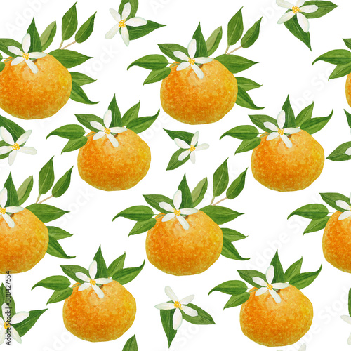 Watercolor hand drawn seamless pattern illustration of bright orange tangerine mandarine citrus fruits with vibrant green leaves flowers. For food organic vegetarian labels, packaging. Natural design