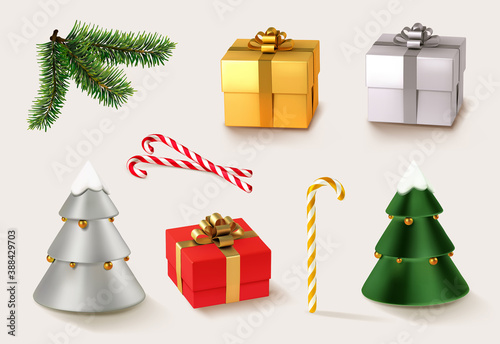 Christmas golden and red gifts with Christmas caramel and Christmas tree and branches. 3d realistic vector icon set