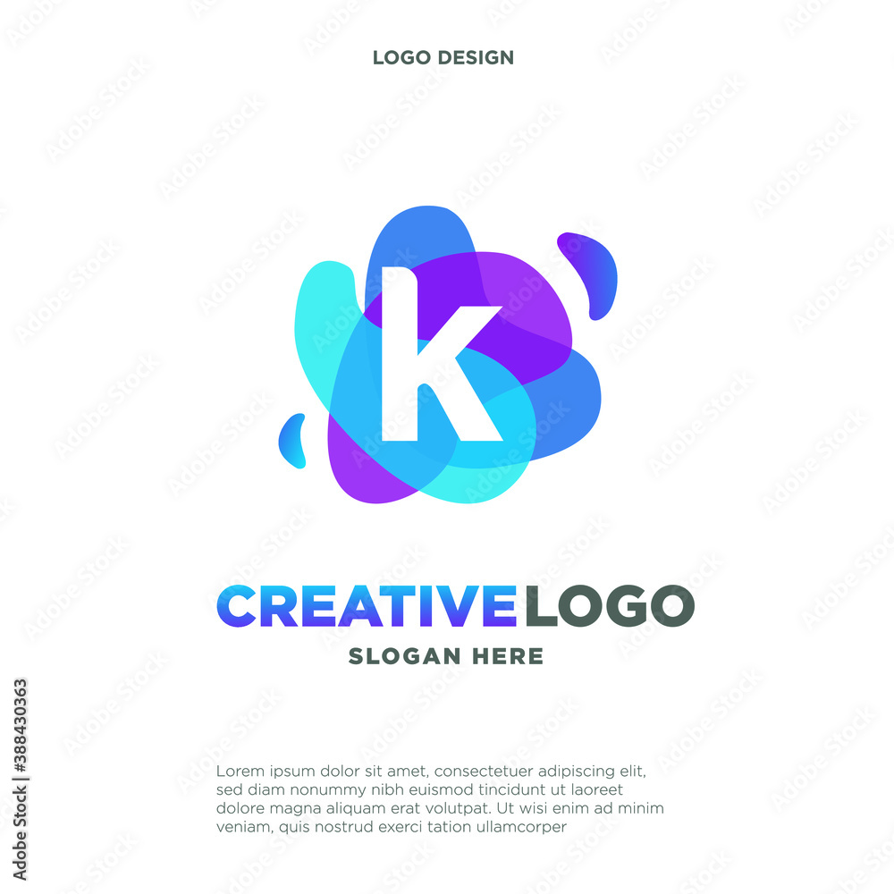 Letter K logo with colorful splash background, letter combination logo design for creative industry, web, business and company.
