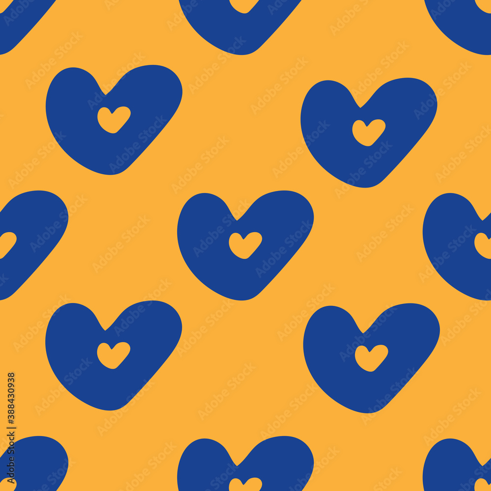 Christmas seamless pattern. Blue hearts on a yellow background. Seamless pattern.