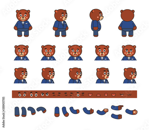 Cute chibi brown bear in blue suit creation kit. Create your own pose, action, animation. Vector illustration