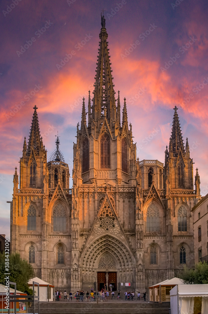 Gothic Cathedral of the Holy Cross and Saint Eulalia, or Barcelona Cathedral in Spain, seat of the Archbishop at sunset