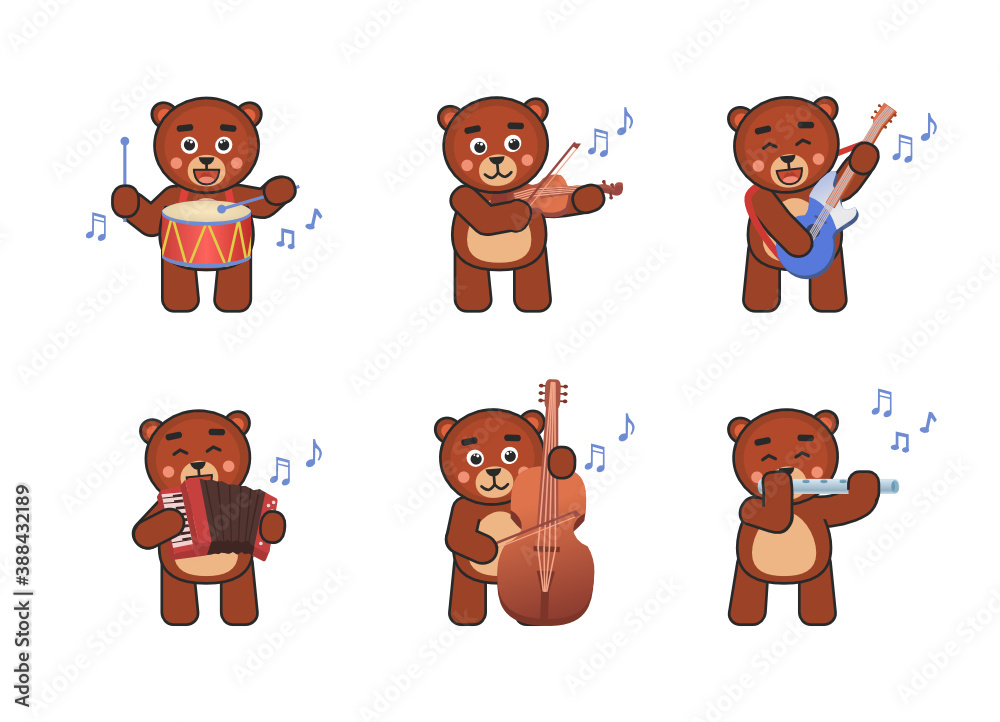 Fototapeta premium Set of cute bear characters playing on various music instruments. Chibi bear with drum, violin, guitar, flute, accordion, double bass. Vector illustration