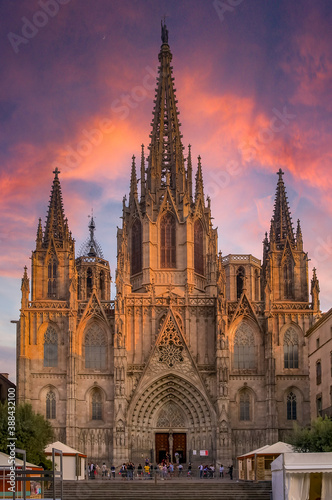 Gothic Cathedral of the Holy Cross and Saint Eulalia, or Barcelona Cathedral in Spain, seat of the Archbishop at sunset
