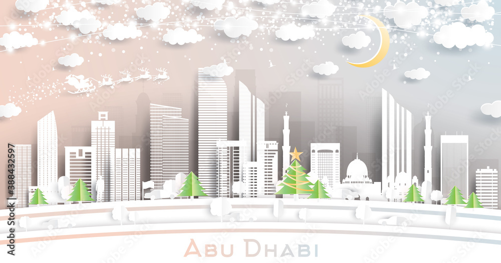 Abu Dhabi United Arab Emirates City Skyline in Paper Cut Style with Snowflakes, Moon and Neon Garland.