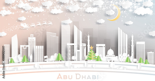 Abu Dhabi United Arab Emirates City Skyline in Paper Cut Style with Snowflakes, Moon and Neon Garland.