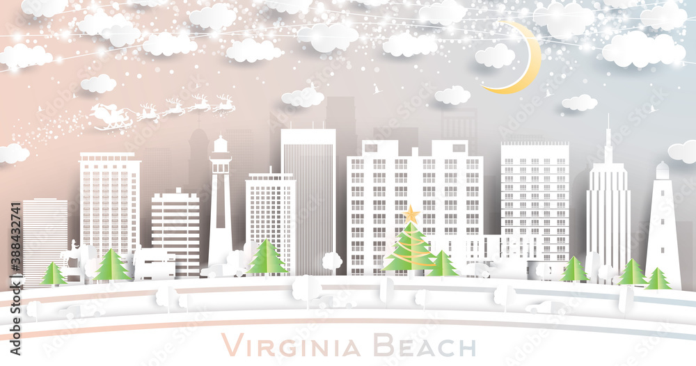 Virginia Beach Virginia City Skyline in Paper Cut Style with Snowflakes, Moon and Neon Garland.