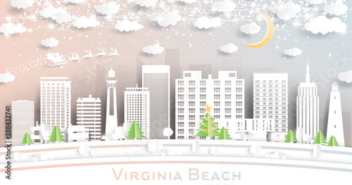 Virginia Beach Virginia City Skyline in Paper Cut Style with Snowflakes, Moon and Neon Garland.